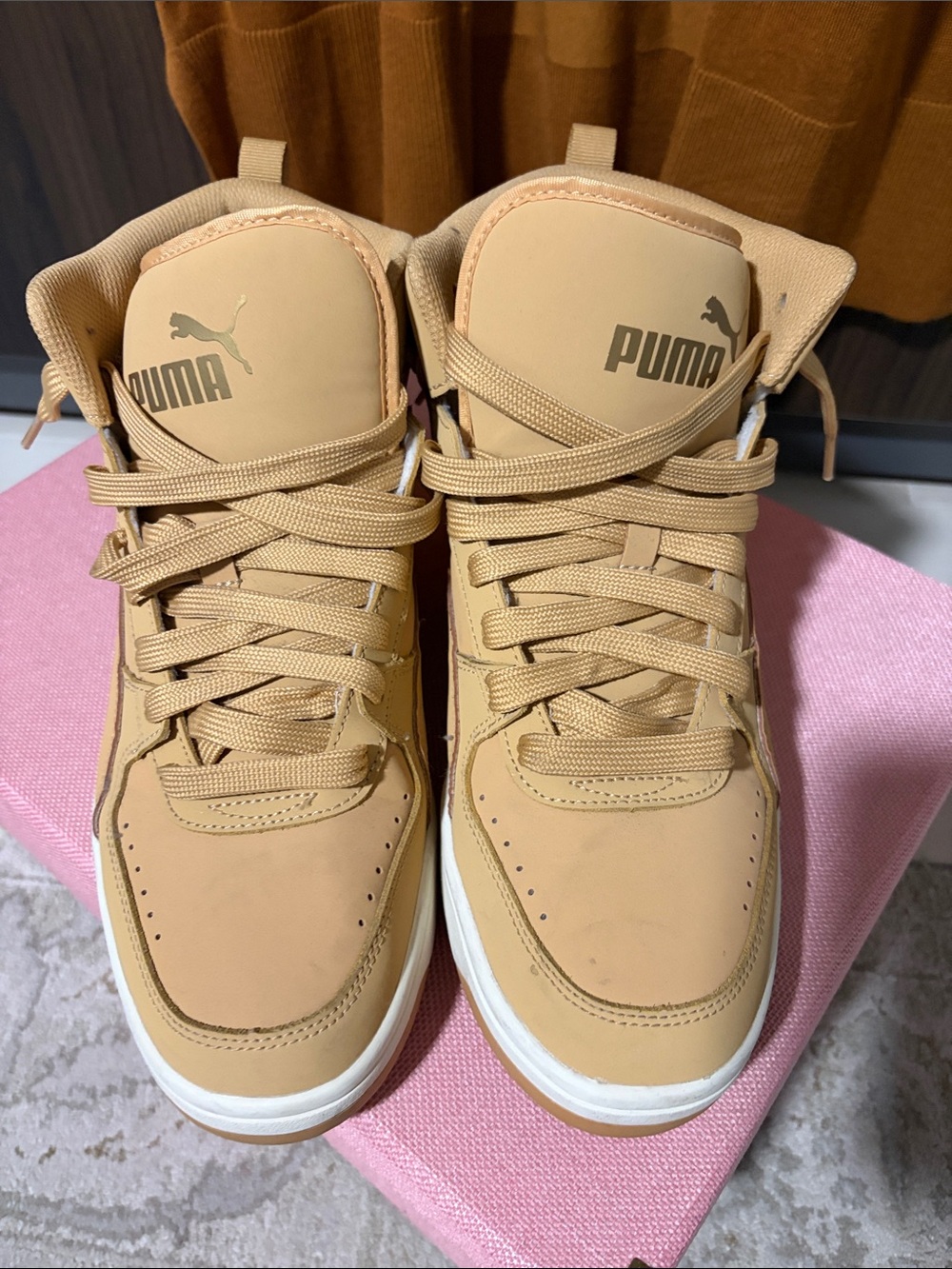 Puma Men's High-Top Sneakers in Tan and White - Picture 5 of 6